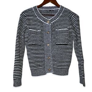 Women's Black & White Striped Cardigan Sweater with Gold Buttons